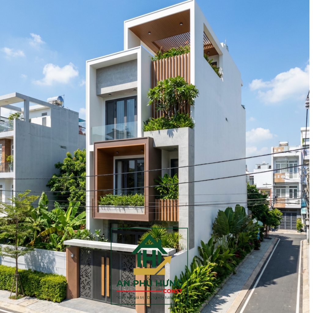 Chiêm ngưỡng trọn bộ thiết kế ngoại thất và nội thất mẫu nhà phố 4 tầng hiện đại từ An Phú Hưng Const. Không gian sống xanh mát, thiết kế mở thông minh kết hợp hài hòa vật liệu gỗ ấm áp, mang đến trải nghiệm sống vương giả giữa lòng đô thị.