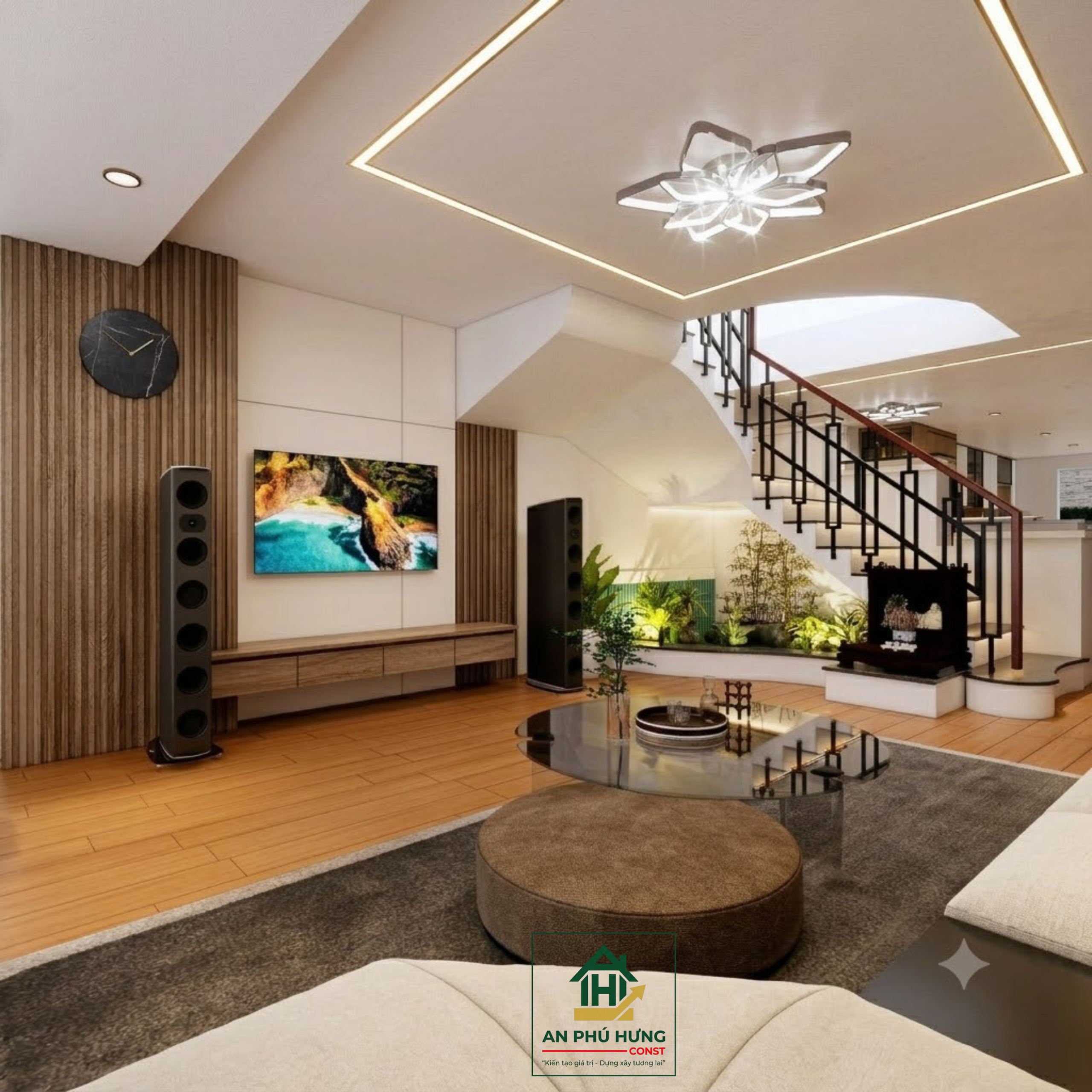 Khám phá mẫu thiết kế nội thất nhà phố hiện đại, sang trọng từ An Phú Hưng. Giải pháp bố trí phòng khách, bếp và phòng ngủ tối ưu không gian xanh tuyệt đẹp