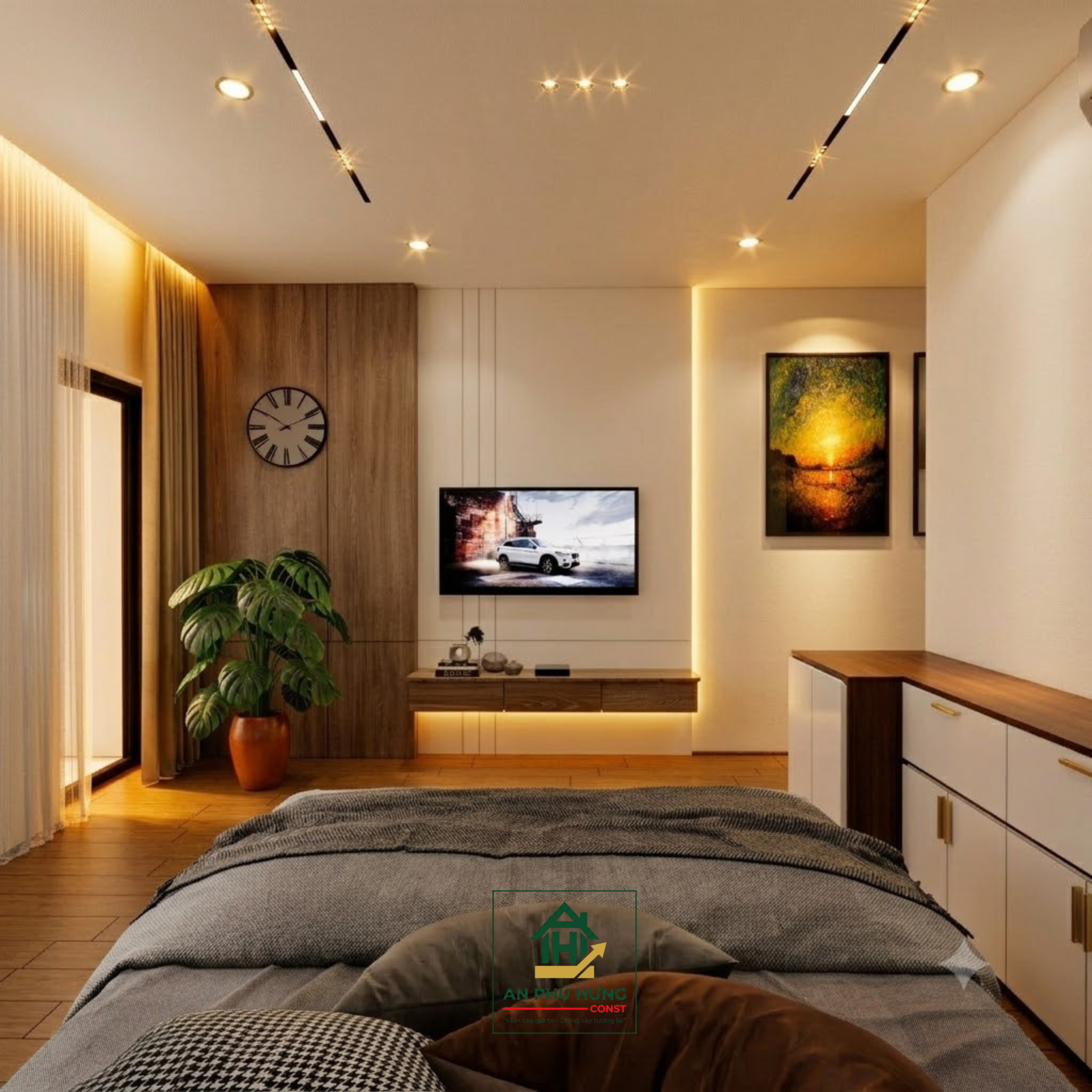 Khám phá mẫu thiết kế nội thất nhà phố hiện đại, sang trọng từ An Phú Hưng. Giải pháp bố trí phòng khách, bếp và phòng ngủ tối ưu không gian xanh tuyệt đẹp
