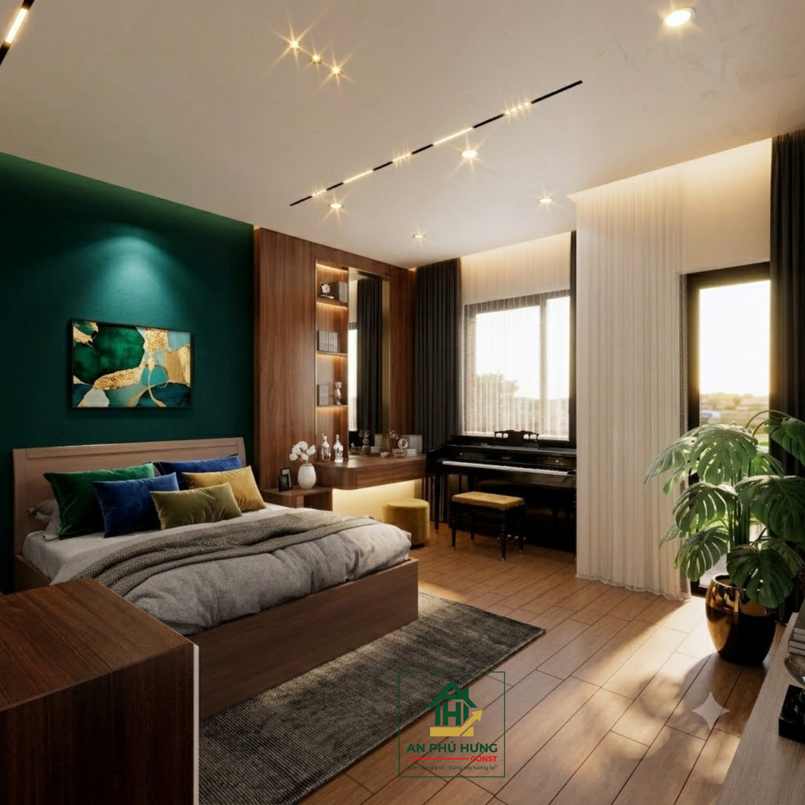 Khám phá mẫu thiết kế nội thất nhà phố hiện đại, sang trọng từ An Phú Hưng. Giải pháp bố trí phòng khách, bếp và phòng ngủ tối ưu không gian xanh tuyệt đẹp