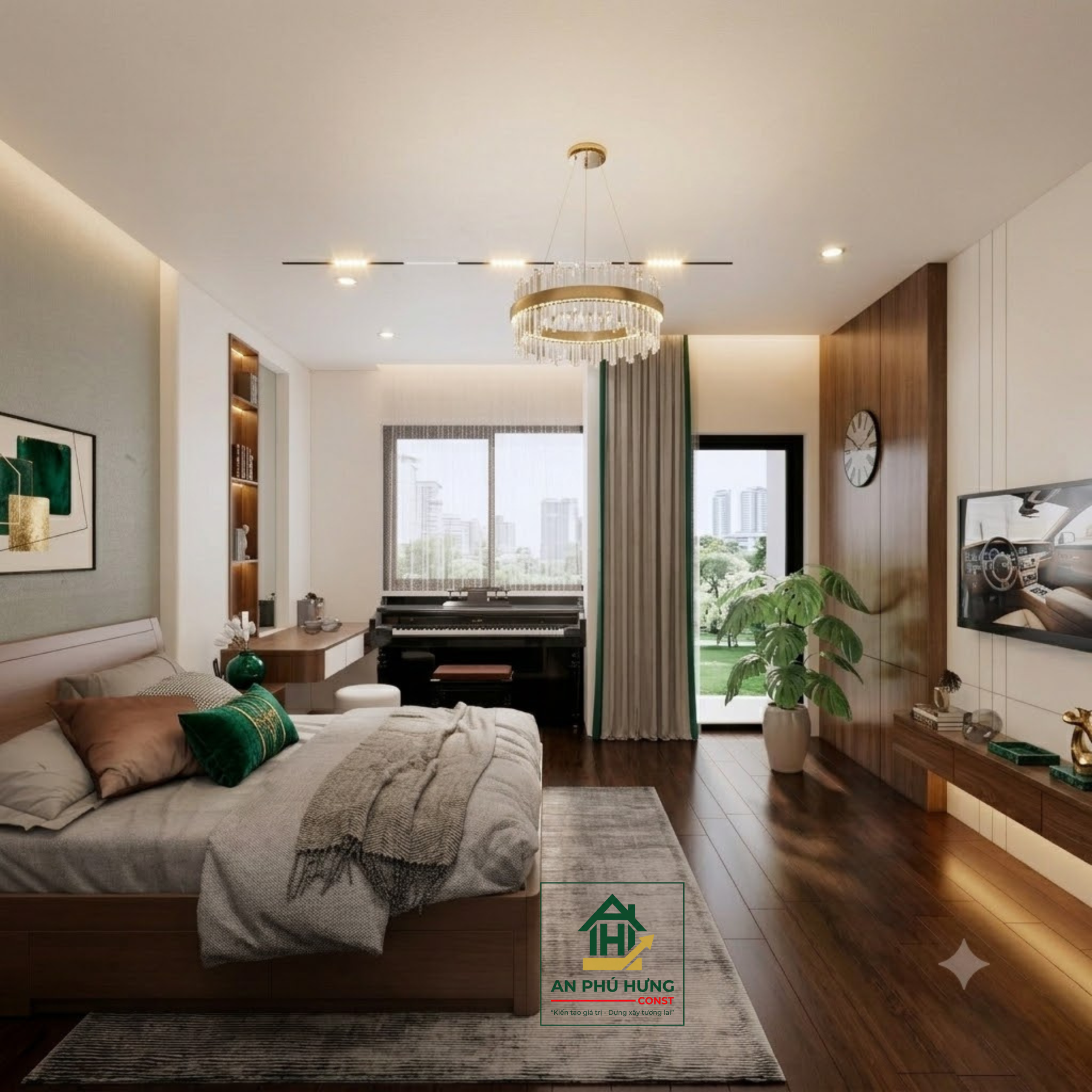Khám phá mẫu thiết kế nội thất nhà phố hiện đại, sang trọng từ An Phú Hưng. Giải pháp bố trí phòng khách, bếp và phòng ngủ tối ưu không gian xanh tuyệt đẹp