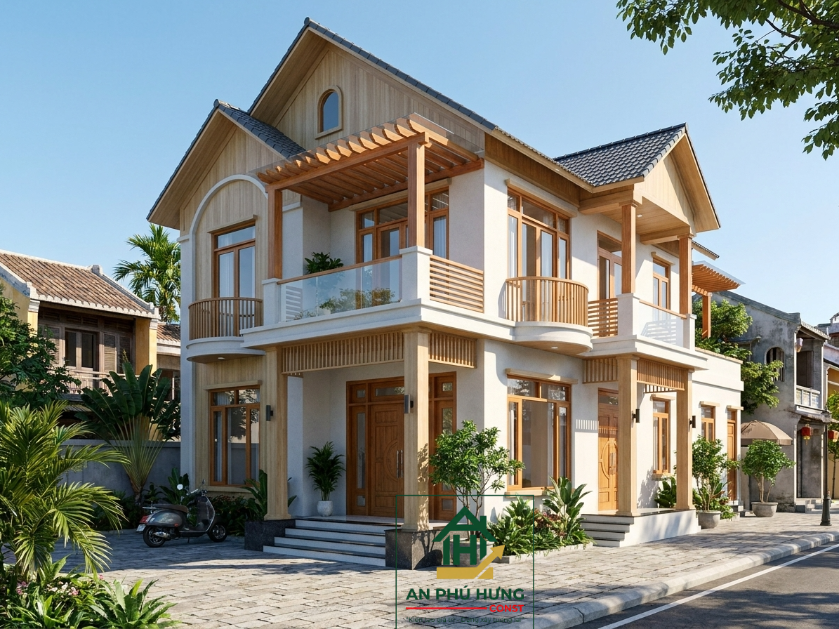 Chiêm ngưỡng mẫu thiết kế nhà 2 tầng hiện đại tuyệt đẹp từ An Phú Hưng Const. Sự kết hợp hoàn hảo giữa kiến trúc mái dốc, mảng tường trắng sứ và vật liệu gỗ mộc mạc tạo nên không gian sống lý tưởng.