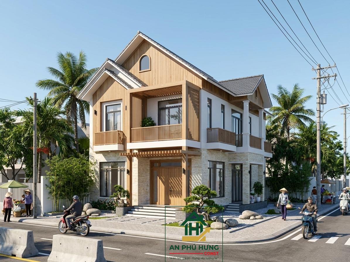 Chiêm ngưỡng mẫu thiết kế nhà 2 tầng hiện đại tuyệt đẹp từ An Phú Hưng Const. Sự kết hợp hoàn hảo giữa kiến trúc mái dốc, mảng tường trắng sứ và vật liệu gỗ mộc mạc tạo nên không gian sống lý tưởng.