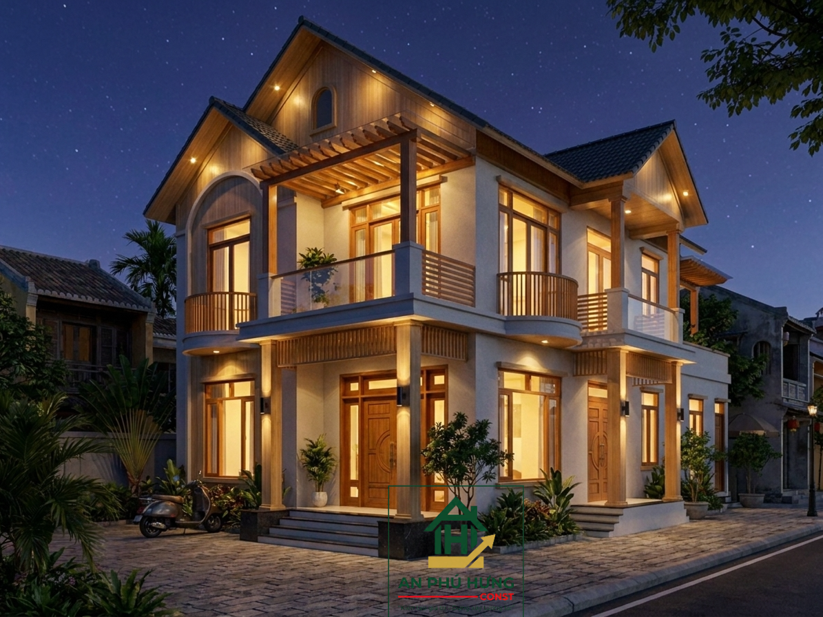 Chiêm ngưỡng mẫu thiết kế nhà 2 tầng hiện đại tuyệt đẹp từ An Phú Hưng Const. Sự kết hợp hoàn hảo giữa kiến trúc mái dốc, mảng tường trắng sứ và vật liệu gỗ mộc mạc tạo nên không gian sống lý tưởng.