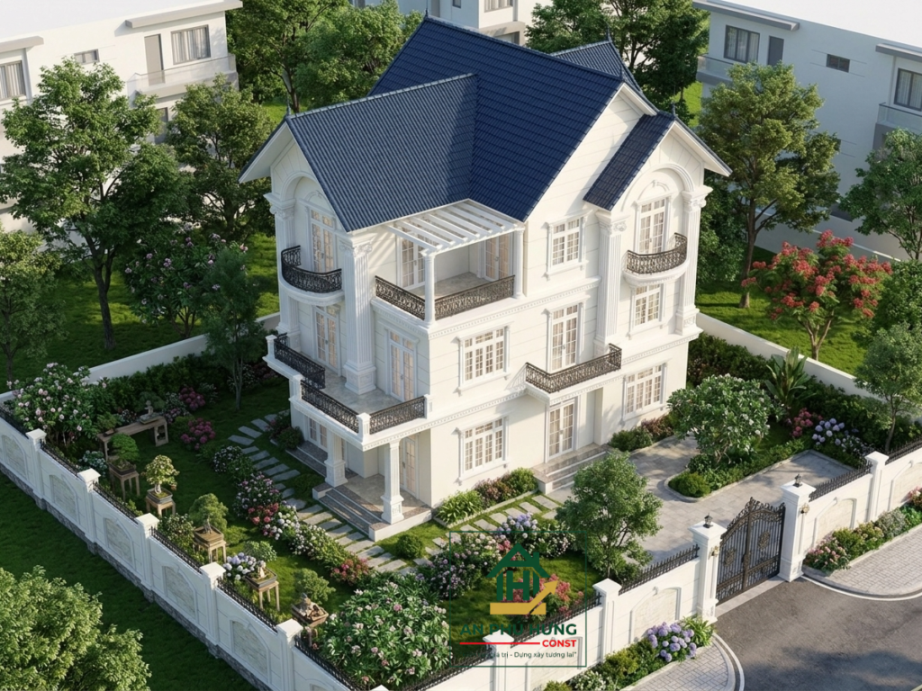 Chiêm ngưỡng trọn vẹn mẫu thiết kế nhà 3 tầng hiện đại pha nét tân cổ điển tuyệt đẹp. Phân tích kiến trúc mái dốc xanh đen, không gian sân vườn và nghệ thuật chiếu sáng đẳng cấp cho không gian sống vương giả.