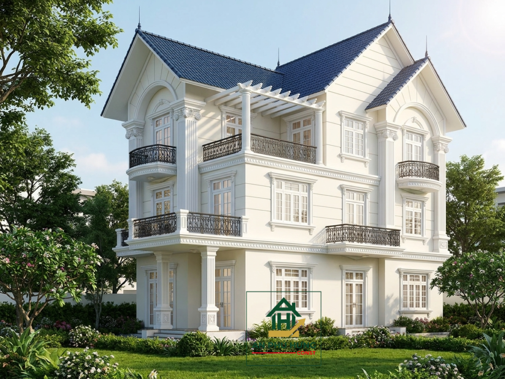 Chiêm ngưỡng trọn vẹn mẫu thiết kế nhà 3 tầng hiện đại pha nét tân cổ điển tuyệt đẹp. Phân tích kiến trúc mái dốc xanh đen, không gian sân vườn và nghệ thuật chiếu sáng đẳng cấp cho không gian sống vương giả.