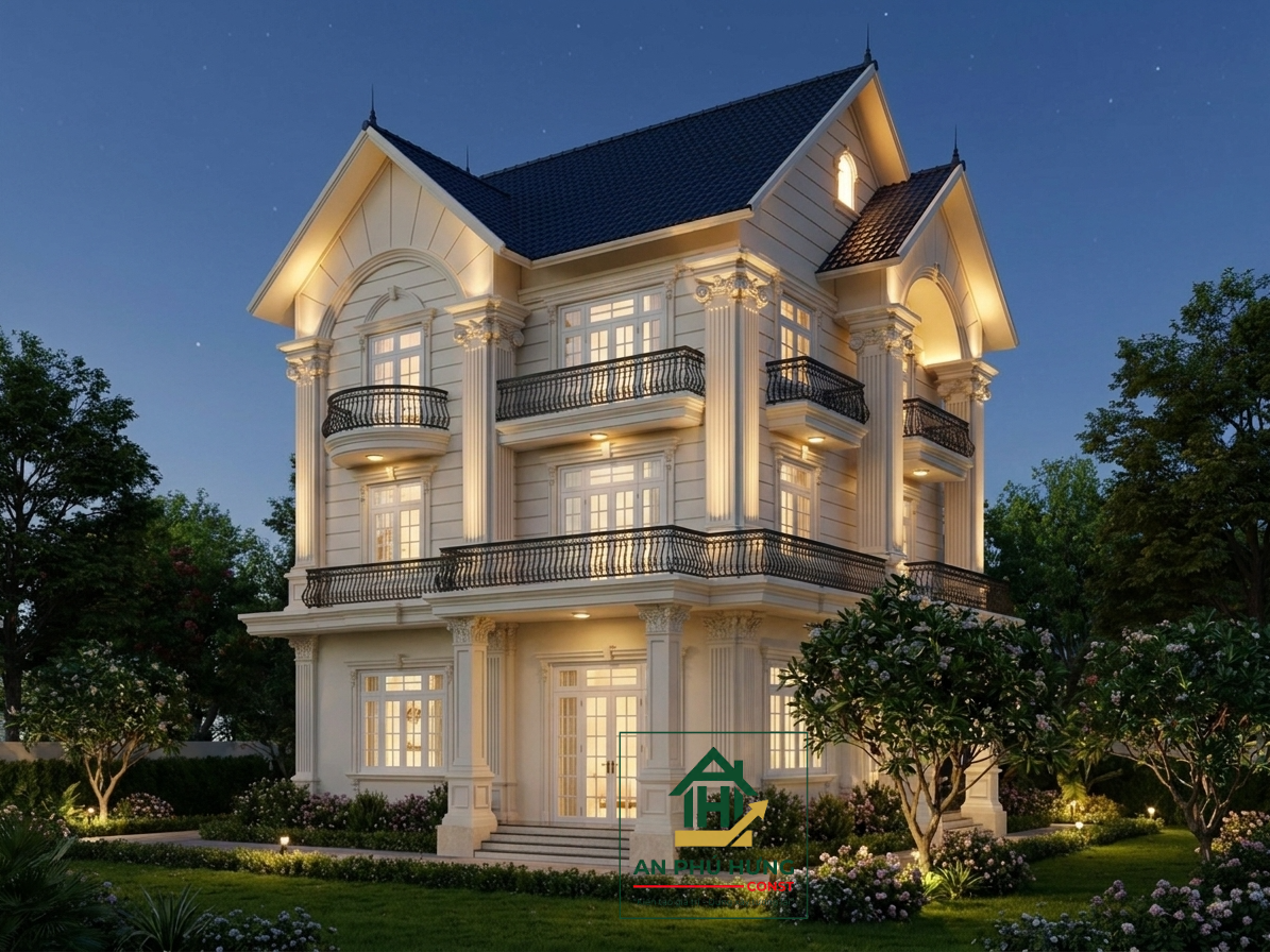 Chiêm ngưỡng trọn vẹn mẫu thiết kế nhà 3 tầng hiện đại pha nét tân cổ điển tuyệt đẹp. Phân tích kiến trúc mái dốc xanh đen, không gian sân vườn và nghệ thuật chiếu sáng đẳng cấp cho không gian sống vương giả.