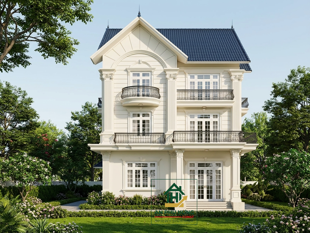 Chiêm ngưỡng trọn vẹn mẫu thiết kế nhà 3 tầng hiện đại pha nét tân cổ điển tuyệt đẹp. Phân tích kiến trúc mái dốc xanh đen, không gian sân vườn và nghệ thuật chiếu sáng đẳng cấp cho không gian sống vương giả.