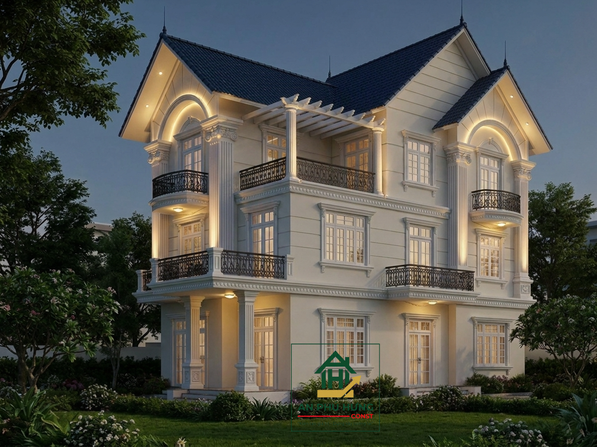 Chiêm ngưỡng trọn vẹn mẫu thiết kế nhà 3 tầng hiện đại pha nét tân cổ điển tuyệt đẹp. Phân tích kiến trúc mái dốc xanh đen, không gian sân vườn và nghệ thuật chiếu sáng đẳng cấp cho không gian sống vương giả.