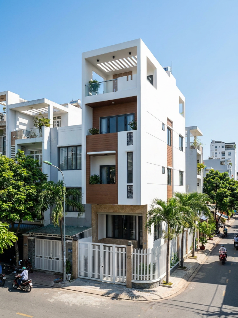 Chiêm ngưỡng mẫu nhà phố 4 tầng hiện đại tuyệt đẹp với thiết kế mặt tiền kết hợp gỗ và kính sang trọng. Giải pháp tối ưu ánh sáng, không gian mở và kiến trúc bền vững cho gia đình đô thị.