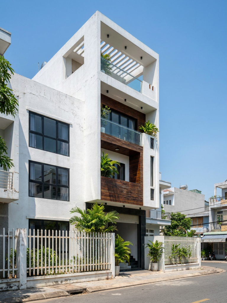 Chiêm ngưỡng mẫu nhà phố 4 tầng hiện đại tuyệt đẹp với thiết kế mặt tiền kết hợp gỗ và kính sang trọng. Giải pháp tối ưu ánh sáng, không gian mở và kiến trúc bền vững cho gia đình đô thị.