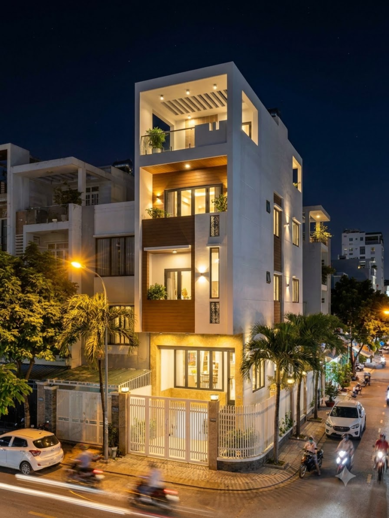 Chiêm ngưỡng mẫu nhà phố 4 tầng hiện đại tuyệt đẹp với thiết kế mặt tiền kết hợp gỗ và kính sang trọng. Giải pháp tối ưu ánh sáng, không gian mở và kiến trúc bền vững cho gia đình đô thị.