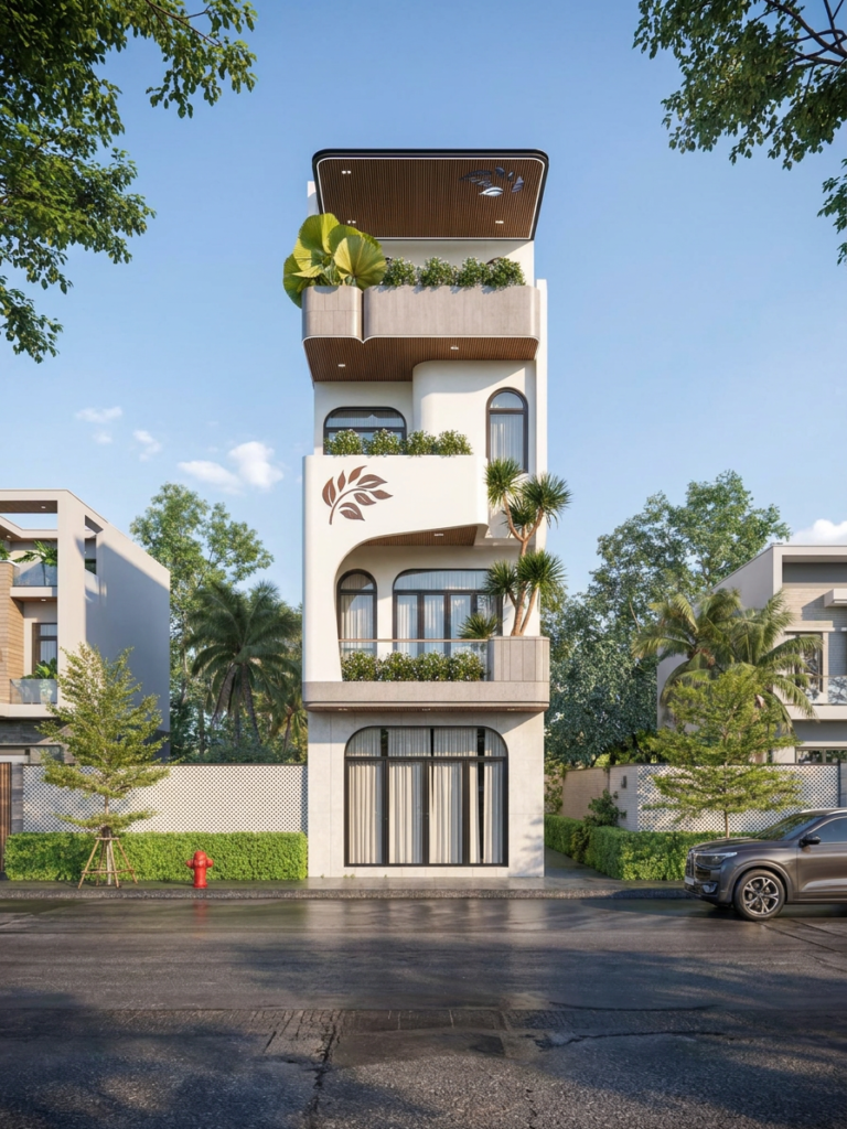 Chiêm ngưỡng mẫu nhà phố 4 tầng hiện đại tuyệt đẹp với thiết kế đột phá từ những đường cong mềm mại. Không gian sống xanh mát, mặt tiền độc đáo kết hợp vật liệu gỗ và kính sang trọng.