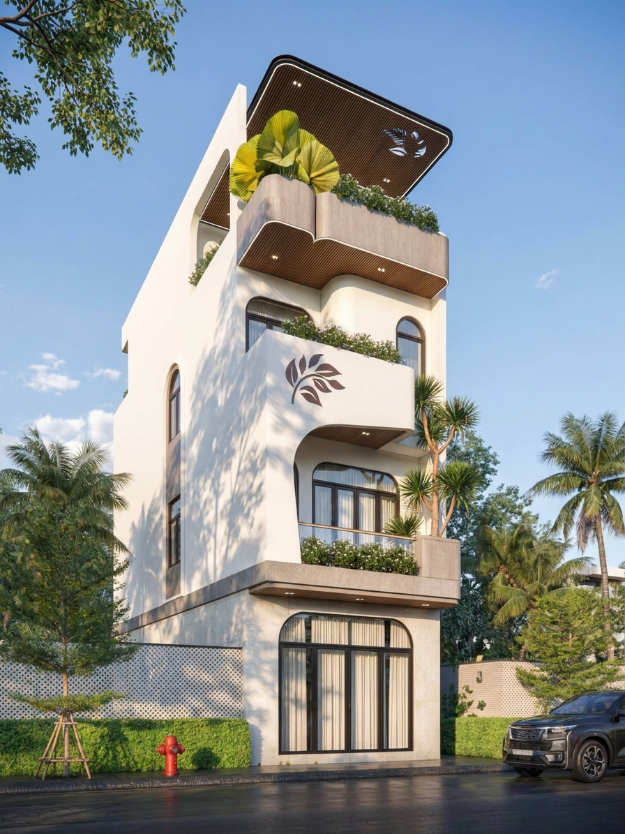 Chiêm ngưỡng mẫu nhà phố 4 tầng hiện đại tuyệt đẹp với thiết kế đột phá từ những đường cong mềm mại. Không gian sống xanh mát, mặt tiền độc đáo kết hợp vật liệu gỗ và kính sang trọng.