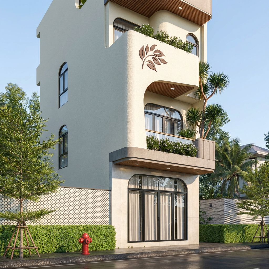 Chiêm ngưỡng mẫu nhà phố 4 tầng hiện đại tuyệt đẹp với thiết kế đột phá từ những đường cong mềm mại. Không gian sống xanh mát, mặt tiền độc đáo kết hợp vật liệu gỗ và kính sang trọng.
