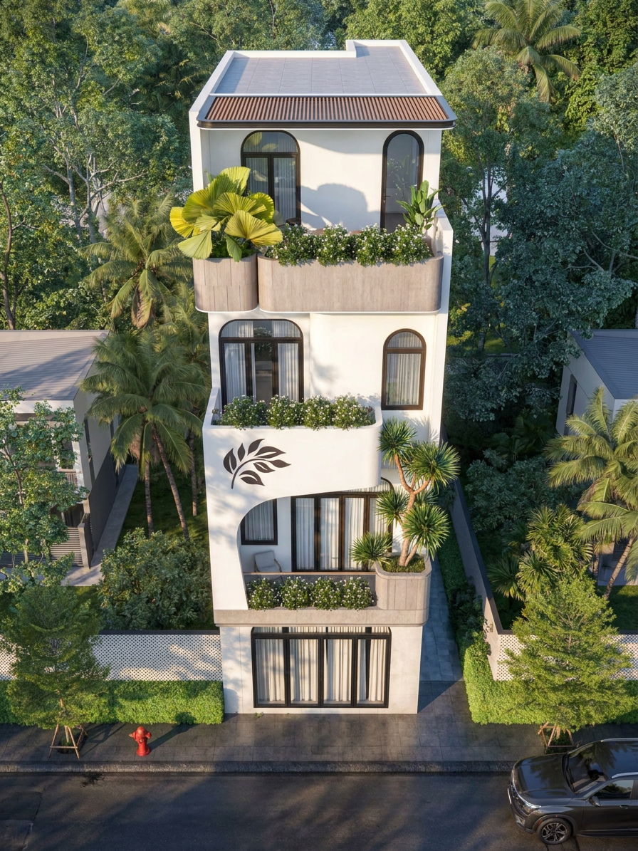 Chiêm ngưỡng mẫu nhà phố 4 tầng hiện đại tuyệt đẹp với thiết kế đột phá từ những đường cong mềm mại. Không gian sống xanh mát, mặt tiền độc đáo kết hợp vật liệu gỗ và kính sang trọng.