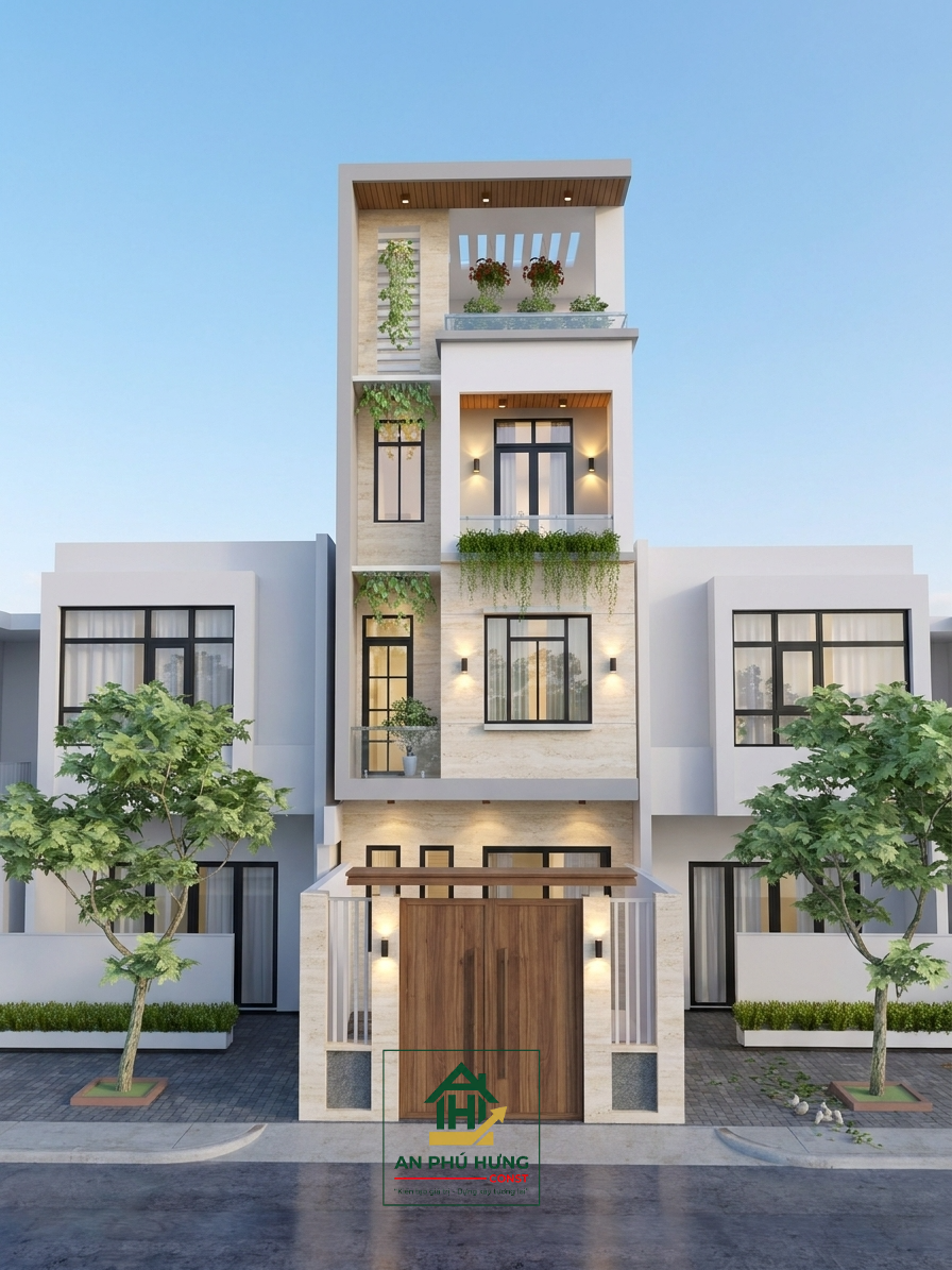 Khám phá mẫu thiết kế nhà phố 4 tầng hiện đại tuyệt đẹp từ An Phú Hưng Const. Phân tích chi tiết bản vẽ mặt bằng 4 tầng tối ưu không gian, giếng trời thông thoáng và kiến trúc xanh mát lý tưởng cho gia đình Việt.