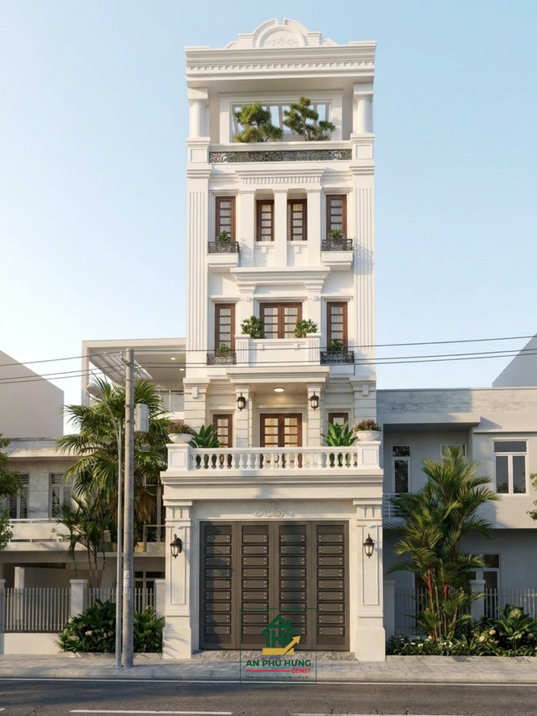 Khám phá mẫu thiết kế nhà phố tân cổ điển tuyệt đẹp với mặt tiền sang trọng. Xem ngay chi tiết bản vẽ bố trí công năng nội thất 5 tầng tối ưu không gian sống cho gia đình nhiều thế hệ