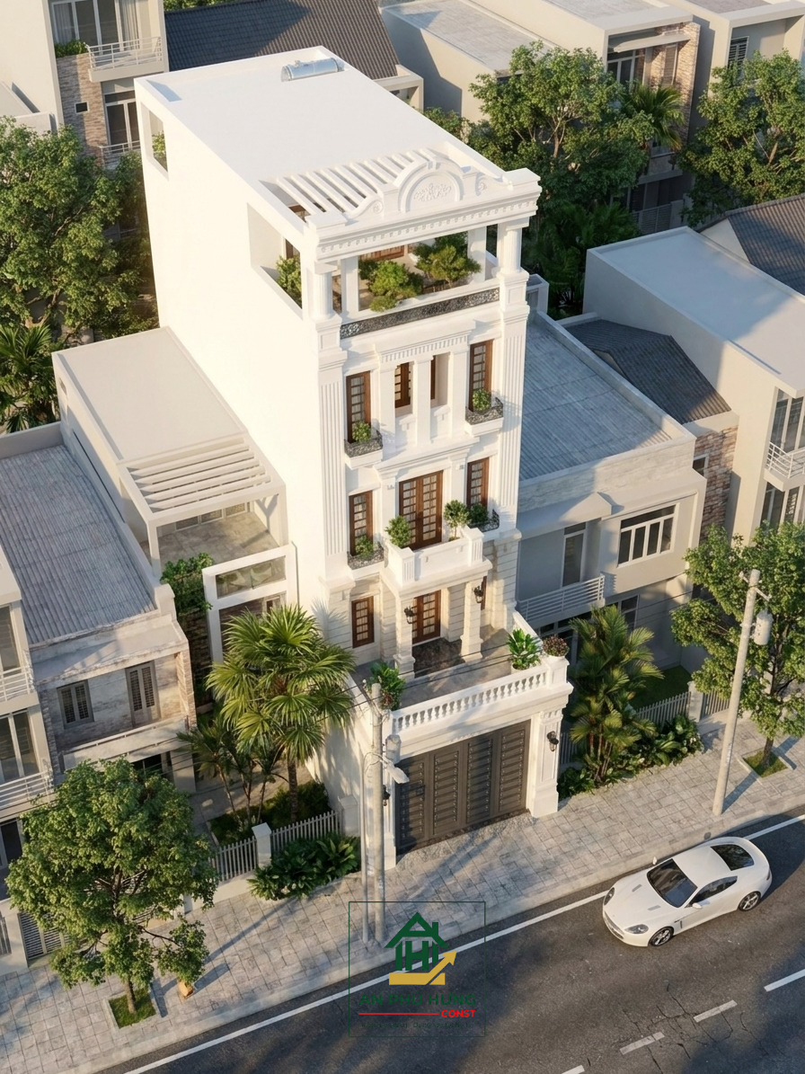 Khám phá mẫu thiết kế nhà phố tân cổ điển tuyệt đẹp với mặt tiền sang trọng. Xem ngay chi tiết bản vẽ bố trí công năng nội thất 5 tầng tối ưu không gian sống cho gia đình nhiều thế hệ