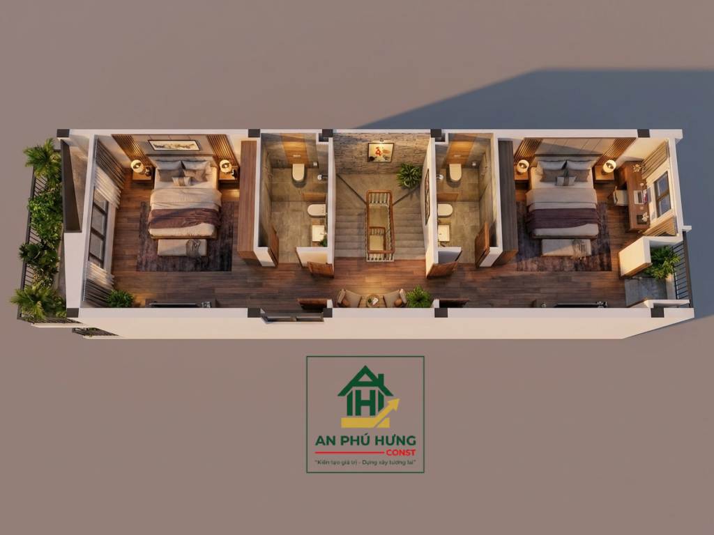 Chiêm ngưỡng mẫu nhà phố 4 tầng hiện đại tuyệt đẹp từ An Phú Hưng Const. Khám phá giải pháp mặt bằng thông minh với gara ô tô, tiểu cảnh xanh mát và không gian nội thất gỗ sang trọng.
