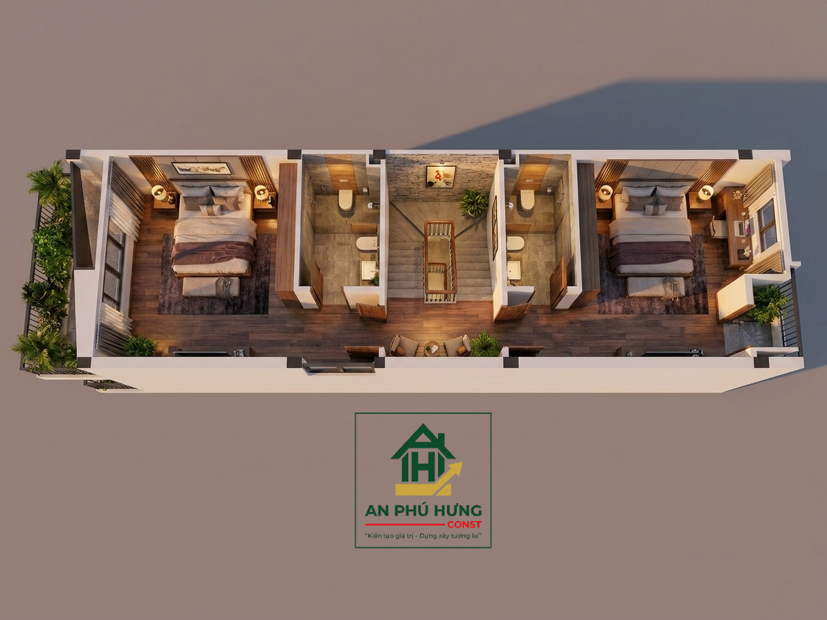 Chiêm ngưỡng mẫu nhà phố 4 tầng hiện đại tuyệt đẹp từ An Phú Hưng Const. Khám phá giải pháp mặt bằng thông minh với gara ô tô, tiểu cảnh xanh mát và không gian nội thất gỗ sang trọng.