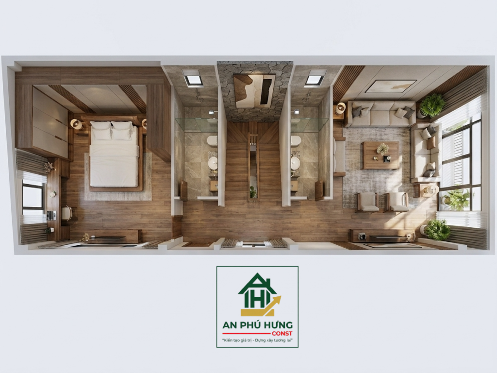 Chiêm ngưỡng mẫu nhà phố 4 tầng hiện đại tuyệt đẹp từ An Phú Hưng Const. Khám phá giải pháp mặt bằng thông minh với gara ô tô, tiểu cảnh xanh mát và không gian nội thất gỗ sang trọng.