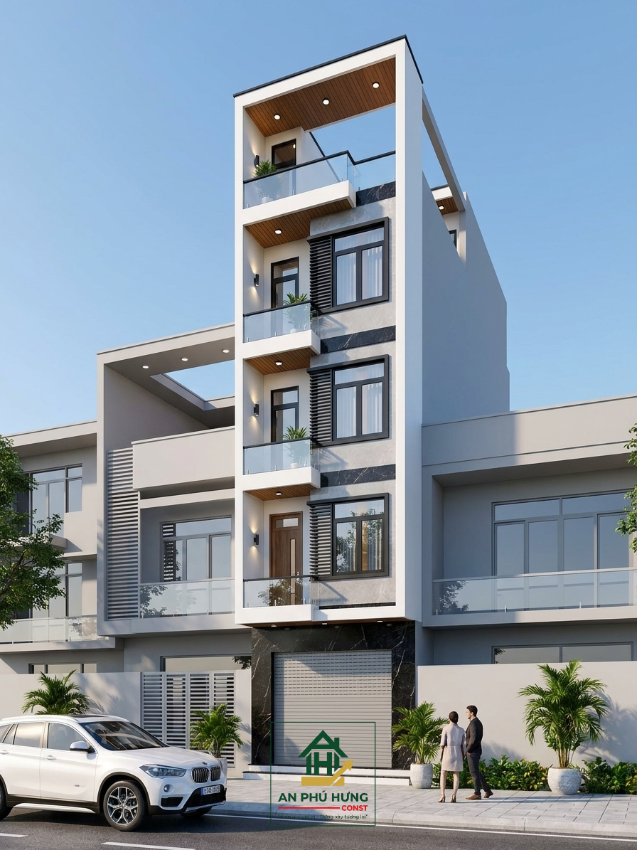 Chiêm ngưỡng mẫu nhà phố 4 tầng hiện đại tuyệt đẹp từ An Phú Hưng Const. Khám phá giải pháp mặt bằng thông minh với gara ô tô, tiểu cảnh xanh mát và không gian nội thất gỗ sang trọng.