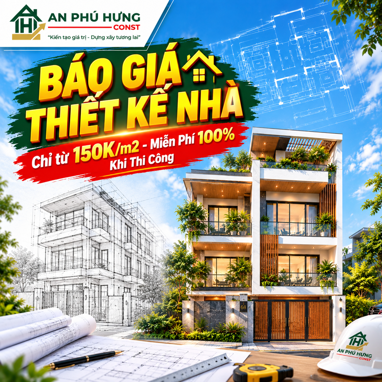 Cập nhật bảng báo giá thiết kế kiến trúc và nội thất chi tiết chỉ từ 150k - 200k/m2 tại An Phú Hưng. Trọn bộ hồ sơ 3D, kết cấu, điện nước và dự toán. Đặc biệt miễn phí 100% khi thi công trọn gói.