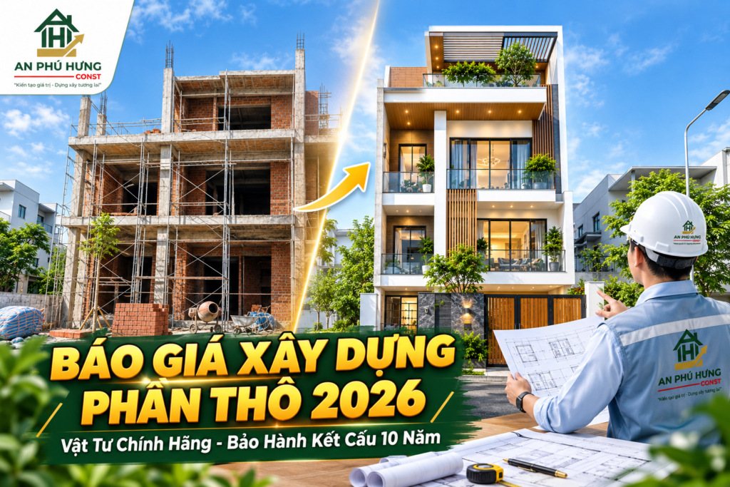 Cập nhật chi tiết bảng báo giá xây dựng phần thô 2026 từ An Phú Hưng. Cam kết vật tư chính hãng, bảo hành kết cấu 10 năm, tặng ngay bộ hồ sơ thiết kế 3D và GPXD khi ký hợp đồng thi công phần thô.