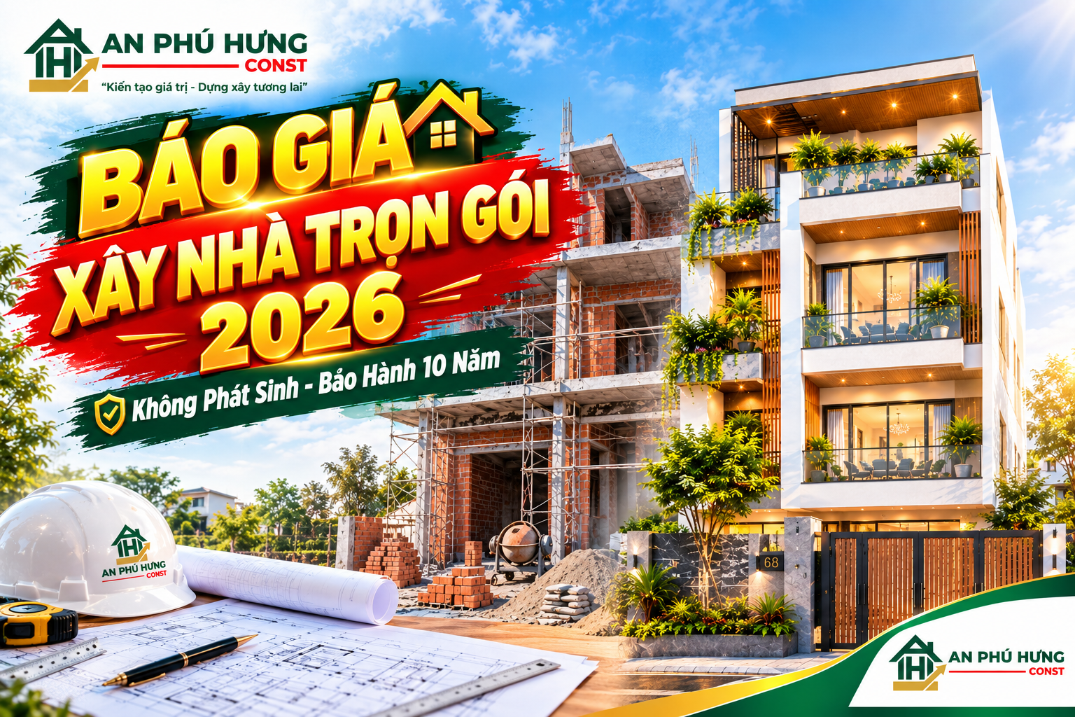 Xem ngay báo giá xây dựng trọn gói chìa khoá trao tay 2026 chi tiết từ An Phú Hưng. Cam kết không phát sinh, bảo hành kết cấu 10 năm, tặng 100% bản vẽ thiết kế 3D và GPXD.