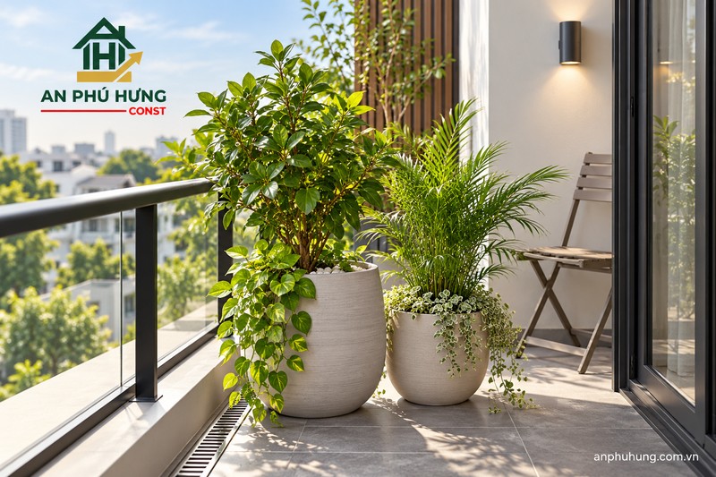 Nhóm chậu cây và lối đi trên ban công