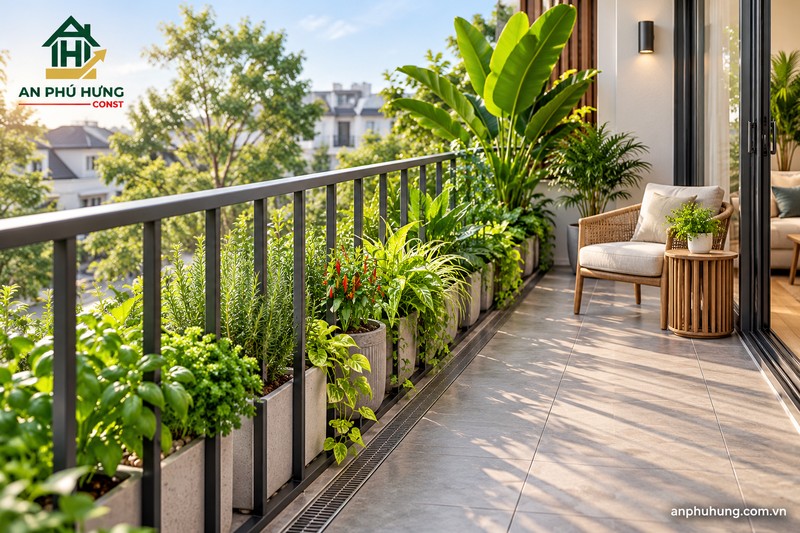 Trang trí ban công nhỏ với cây xanh trong lan can